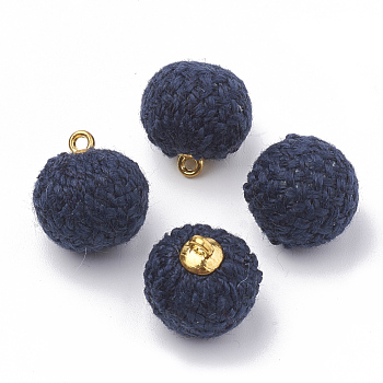 Handmade Cloth Fabric Covered Pendants, with Golden Tone Alloy Findings, Round, Midnight Blue, 17~18x14~14.5mm, Hole: 1.5mm