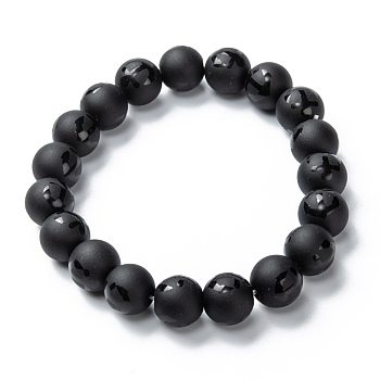 Frosted Glass Beads Stretch Bracelets, Round with Anchor Pattern, Black, Round: 9.5~10mm, Inner Diameter: 2 inch(5.1cm)