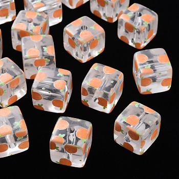 Transparent Printed Acrylic Beads, Square with Fruit Pattern, Orange Pattern, 16x16x16mm, Hole: 3mm