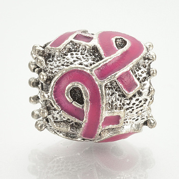 Alloy Enamel European Beads, Large Hole Beads, Barrel, Antique Silver, Hot Pink, 11x11mm, Hole: 5mm