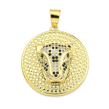 Brass Micro Pave Cubic Zirconia Pendants, Flat Round with Leopard Head Charms, Real 18K Gold Plated, 27x25x7mm, Hole: 5.5x4mm