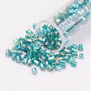 11/0 Two Cut Round Hole Glass Seed Beads, Hexagon, Silver Lined, Rainbow Plated, Light Sky Blue, 2x2mm, Hole: 0.5mm, about 41000pcs/pound(SEED-G006-2mm-651)
