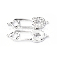 Eco-Friendly Rack Plating Brass Micro Pave Clear Cubic Zirconia Connector Charms, Safety Pins Links, Long-Lasting Plated, Lead Free & Cadmium Free, Platinum, 25.5x8x3mm, Hole: 1.2mm(KK-F845-05P)