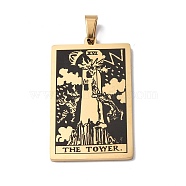 201 Stainless Steel Pendant, Golden, Rectangle with Tarot Pattern, The Tower XVI, 40x24x1.5mm, Hole: 4x7mm(STAS-B033-01G-16)