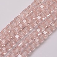 Transparent Glass Bead Strands, Cube, Faceted, Pink, 4x4x4mm, Hole: 1mm, about 100pcs/strand, 16.5 inch(GLAA-K015-4x4x4mm-10)