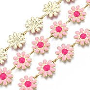 Brass Flower Link Chains, with Enamel, Unwelded, Real 16K Gold Plated, Pink, 13.5~14x9.5~10x1mm(CHC-N018-098G)