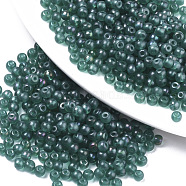 Glass Beads, Transparent Colours Rainbow, Round, Teal, 4x3mm, Hole: 1mm, about 4500pcs/bag(SEED-S040-06A-09)
