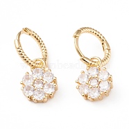 Brass Micro Pave Clear Cubic Zirconia Huggie Hoop Earrings, Long-Lasting Plated, Flower, Golden, 25mm, Pin: 1mm(EJEW-L234-006G)