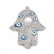 Alloy Enamel Pendants, with Crystal Rhinestone, Hamsa Hand with Evil Eye, Platinum, Blue, 39x31x2mm, Hole: 1.6mm(ENAM-A138-05P-01)
