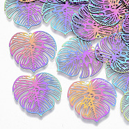 Ion Plating(IP) 201 Stainless Steel Filigree Pendants, Etched Metal Embellishments, Tropical Leaf Charms, Monstera Leaf, Rainbow Color, 26x26x0.3mm, Hole: 1.2mm(STAS-R102-08)