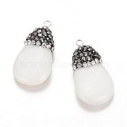 Shell Pendants, teardrop, with Polymer Clay Rhinestones, White, 24.5x13x5mm, Hole: 1mm(RB-S044-05)