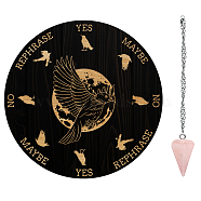 AHADEMAKER 1Pc Wood Pendulum Board, 1Pc 304 Stainless Steel Cable Chain Necklaces, 1Pc Natural Rose Quartz Stone Pendants, for Witchcraft Wiccan Altar Supplies, Raven Pattern, Board: 200x4mm(DIY-GA0005-16F)