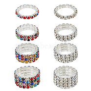 8Pcs 8 Style Rhinestone Tennis Chains Stretch Rings Set for Women, Mixed Color, Inner Diameter: 15.5mm, 1Pc/style(RJEW-FI0001-02)