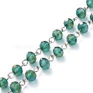 Handmade Electroplate Glass Beaded Chains, with Platinum Plated Iron Eye Pin, Unwelded, Green, 39.37 inch(100cm), Beads: 8x6mm(X-AJEW-JB00529-05)