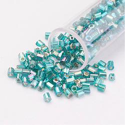 11/0 Two Cut Round Hole Glass Seed Beads, Hexagon, Silver Lined, Rainbow Plated, Light Sky Blue, 2x2mm, Hole: 0.5mm; about 41000pcs/pound(SEED-G006-2mm-651)