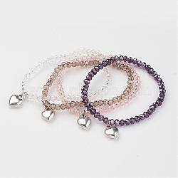 Glass Beads Stretch Bracelets, with Alloy Heart Charms, Mixed Color, 41mm(1-5/8 inch)(BJEW-JB02450)