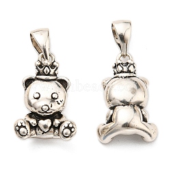Rack Plating Brass Pendants, Lead Free & Cadmium Free, Long-Lasting Plated, Bear with Crown Charm, Antique Silver, 16.5x11x5.5mm, Hole: 6x3mm(KK-D026-15AS)