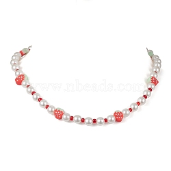 Fruit Polymer Clay & Glass Seed & Acrylic Pearl Beaded Necklace, Strawberry, 16.42 inch(41.7cm), Strawberry: 10~11x8~9x4mm(NJEW-JN04582-01)