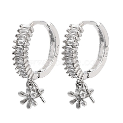 Rhodium Plated 925 Sterling Silver Cubic Zirconia Hoop Earring Findings, with Flower Charms and Pinch Bails, for Half Drilled Beads, with S925 Stamp, Real Platinum Plated, 22 Gauge, 13.5x13mm, Pin: 0.6mm(EJEW-B038-13P)