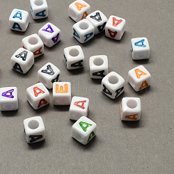 Large Hole Colorful Acrylic Letter European Beads, Horizontal Hole, Cube with Letter.A, 7x7x7mm, Hole: 4mm(X-SACR-Q104-02A)