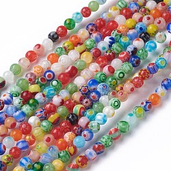 Handmade Millefiori Glass Round Bead Strands, Mixed Color, 4mm, Hole: 1mm, about 95~100pcs/strand, 14~14.5 inch(LAMP-J038-4mm-M)