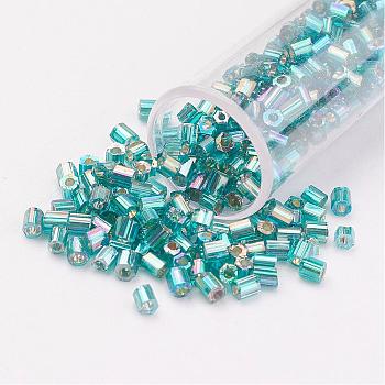 11/0 Two Cut Round Hole Glass Seed Beads, Hexagon, Silver Lined, Rainbow Plated, Light Sky Blue, 2x2mm, Hole: 0.5mm, about 41000pcs/pound