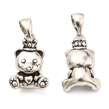 Rack Plating Brass Pendants, Lead Free & Cadmium Free, Long-Lasting Plated, Bear with Crown Charm, Antique Silver, 16.5x11x5.5mm, Hole: 6x3mm