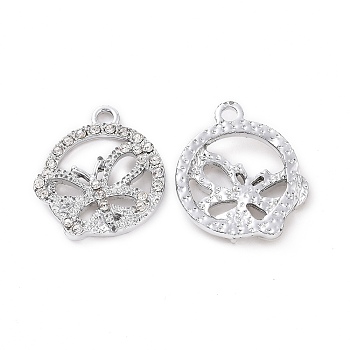 Alloy Crystal Rhinestone Pendants, Flat Round with Butterfly Charms, Platinum, 21x18.5x3.5mm, Hole: 2mm