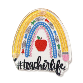 Study Style Opaque Acrylic Sided Pendants, with Word Teacherlife, Colorful, 41.5x34x2.4mm, Hole: 2mm