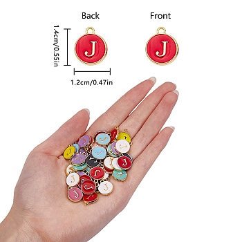 120Pcs 12 Colors Golden Plated Alloy Charms, with Enamel, Enamelled Sequins, Flat Round with Letter, Letter.J, 14x12x2mm, Hole: 1.5mm, 10pcs/color
