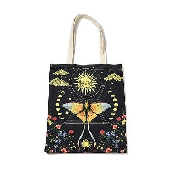 Flower & Butterfly & Sun Printed Canvas Women's Tote Bags, with Handle, Shoulder Bags for Shopping, Rectangle, Yellow, 60cm