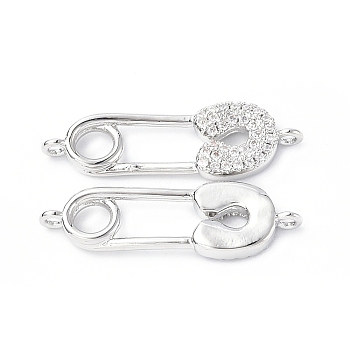 Eco-Friendly Rack Plating Brass Micro Pave Clear Cubic Zirconia Connector Charms, Safety Pins Links, Long-Lasting Plated, Lead Free & Cadmium Free, Platinum, 25.5x8x3mm, Hole: 1.2mm
