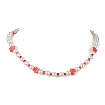Fruit Polymer Clay & Glass Seed & Acrylic Pearl Beaded Necklace, Strawberry, 16.42 inch(41.7cm), Strawberry: 10~11x8~9x4mm