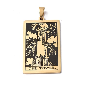 201 Stainless Steel Pendant, Golden, Rectangle with Tarot Pattern, The Tower XVI, 40x24x1.5mm, Hole: 4x7mm