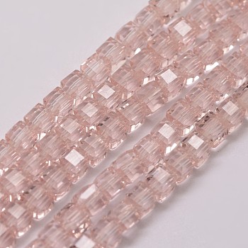 Transparent Glass Bead Strands, Cube, Faceted, Pink, 4x4x4mm, Hole: 1mm, about 100pcs/strand, 16.5 inch