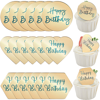 21Pcs 3 Styles Mirror Effect Acrylic Birthday Cupcake Insert Card Decoration, Cake Toppers, Gold, 43.5~50x48.5~50x1.5mm, 7pcs/style
