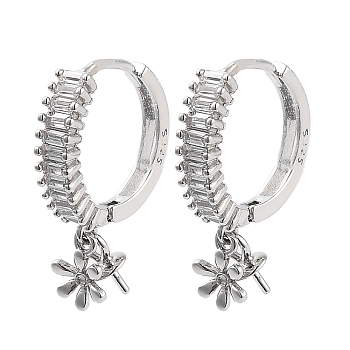 Rhodium Plated 925 Sterling Silver Cubic Zirconia Hoop Earring Findings, with Flower Charms and Pinch Bails, for Half Drilled Beads, with S925 Stamp, Real Platinum Plated, 22 Gauge, 13.5x13mm, Pin: 0.6mm