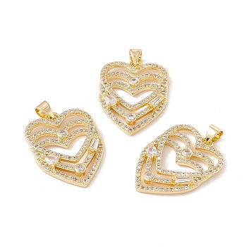 Brass Micro Pave Clear Cubic Zirconia Pendants, Cadmium Free & Lead Free, Heart, Real 18K Gold Plated, 26x19x4mm, Hole: 3x4mm