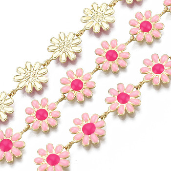Brass Flower Link Chains, with Enamel, Unwelded, Real 16K Gold Plated, Pink, 13.5~14x9.5~10x1mm