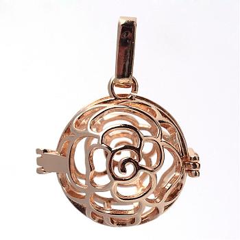 Rack Plating Brass Cage Pendants, For Chime Ball Pendant Necklaces Making, Hollow Round with Flower, Light Gold, 25x25x20mm, Hole: 3.5x8mm, inner measure: 17mm