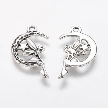 Tibetan Style Alloy Moon with Fairy Pendants, Halloween, Cadmium Free & Lead Free, Antique Silver, 25.4x14x2mm, Hole: 2mm
