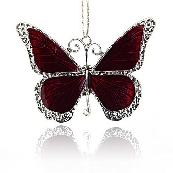 Alloy Enamel Big Pendants, Butterfly, Antique Silver, Dark Red, 64x86x3mm, Hole: 3.5mm and 2.5mm