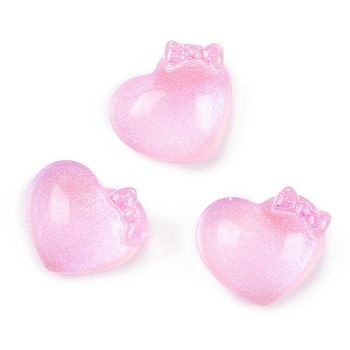 Transparent Epoxy Resin Decoden Cabochons, Glitter Heart with Bowknot, Hot Pink, 16x18.5x9mm