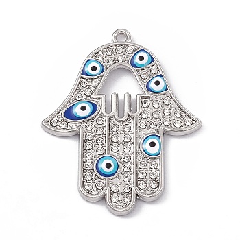 Alloy Enamel Pendants, with Crystal Rhinestone, Hamsa Hand with Evil Eye, Platinum, Blue, 39x31x2mm, Hole: 1.6mm