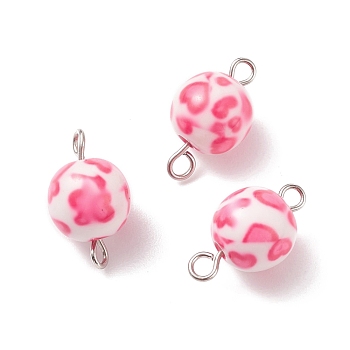 Spray Painted Opaque Resin Connector Charms, with Platinum Tone Iron Double Loops, Round with Heart Pattern, Hot Pink, 17x9.5~10mm, Hole: 2mm