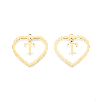 201 Stainless Steel Pendants, Hollow, Heart with Letter A~Z, Real 18K Gold Plated, Letter.T, 29x29.5x1mm, Hole: 2mm, A~Z: 12x8~10.5x1mm