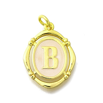 Brass Pendants, with Enamel, Oval with Letter, Real 18K Gold Plated, with Jump Ring, Letter B, 20x15~15.5x2mm, Hole: 3.5mm