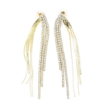 Clear Cubic Zirconia & Crystal Rhinestone Long Tassel Dangle Stud Earrings, Brass Earrings with 925 Sterling Silver Pins for Women, Light Gold, Other Pattern, 92mm, Pin: 0.8mm