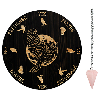 AHADEMAKER 1Pc Wood Pendulum Board, 1Pc 304 Stainless Steel Cable Chain Necklaces, 1Pc Natural Rose Quartz Stone Pendants, for Witchcraft Wiccan Altar Supplies, Raven Pattern, Board: 200x4mm