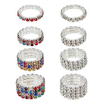 8Pcs 8 Style Rhinestone Tennis Chains Stretch Rings Set for Women, Mixed Color, Inner Diameter: 15.5mm, 1Pc/style